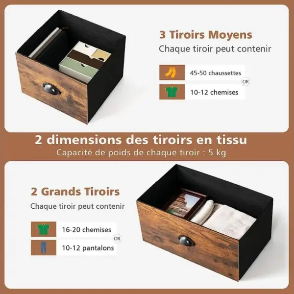 Commode Meuble De Rangement Avec 5 Tiroirs Non-tissés 100 X 30 X 54 Cm Marron Rustiqueetnoir