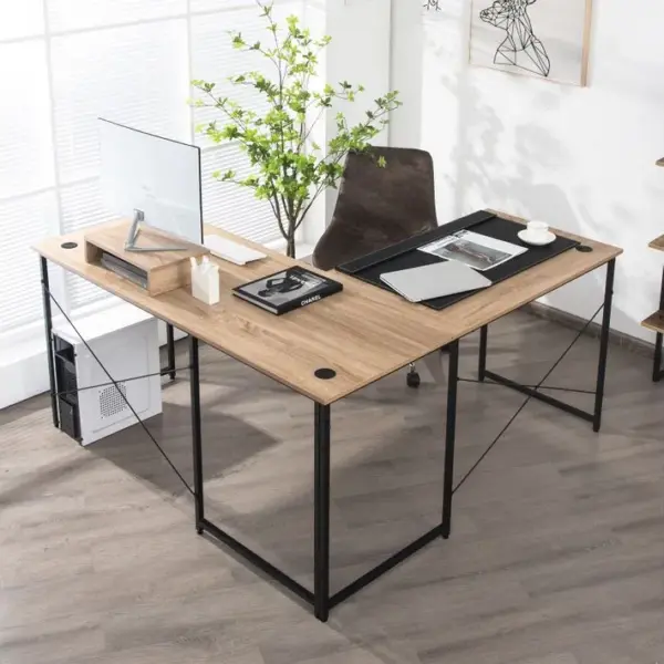 Bureau Dangle En L Réversible Avec Support De Moniteur Avec 3 Trous -150 X 150 X 74 Cm Naturel