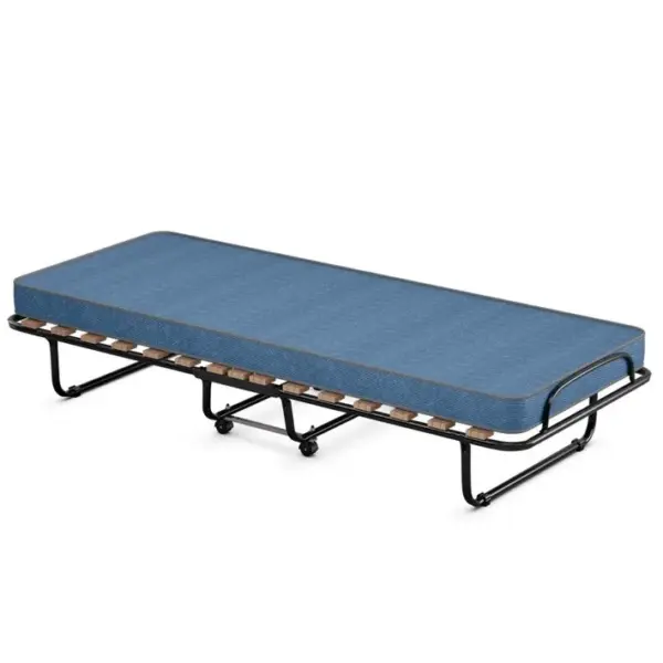 Lit Pliant Sur Roulettes, 80 X 190 Cm, Lit Dappoint Avec Matelas En Mousse 6,5 Cm Bleu