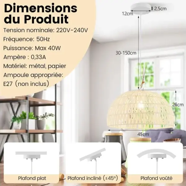 Luminaire Phuket Ø45xh26cm, Luminaire Suspension En Papier Tissé Forme De Dôme Abat-jour Métalliques