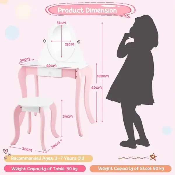 2 En 1 Coiffeuse Princesse Enfants Avec Tabouret Avec Miroir Rotatif Et Double Face, Pour 3-7 Ans