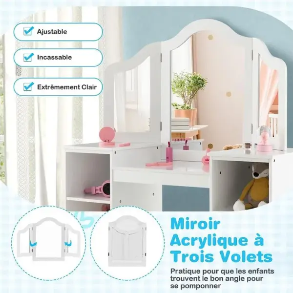 2 En 1 Coiffeuse Et Chaise Enfants Avec Miroir Amovible à Trois Volets