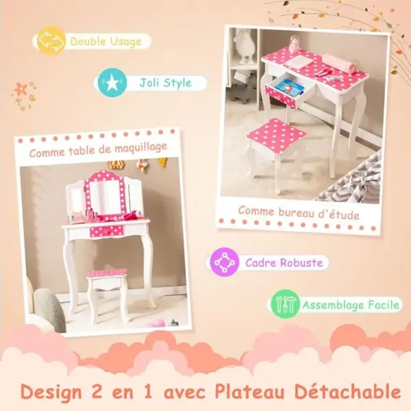 2 En 1 Coiffeuse Enfants ,charge 50kg Pour Enfants De 3-7 Ans (pois Blanc)