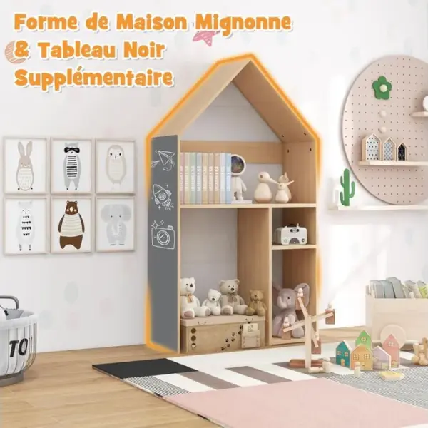 2 En 1 Bureau Enfants En Forme Maison Avec Tableau Noir, Bibliothèque Enfants En Bois