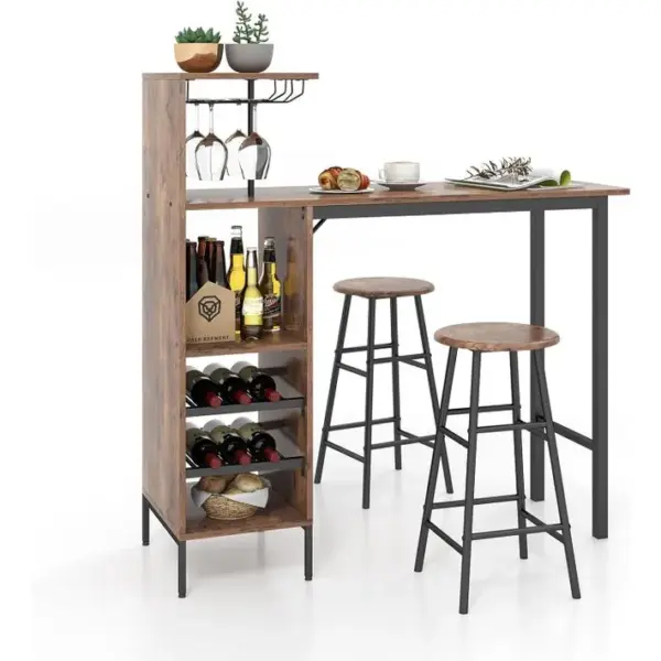 Table Haute Cuisine Avec Tabouret, Mange Debout Industriel Avec Porte-verre Porte-bouteilles