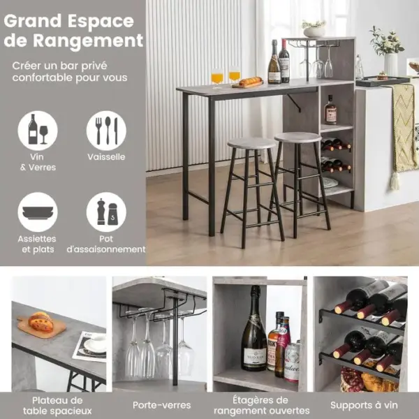 Table Haute Cuisine Avec Tabouret, Mange Debout Industriel Avec Porte-verre Porte-bouteilles