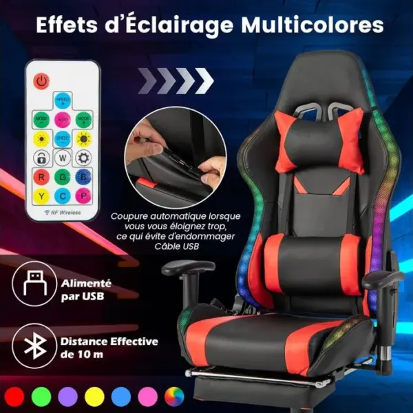 Chaise Gaming Rgb/led, Chaise Gamer Ergonomique Avec Soutien Lombaire,appui-tête (rouge)