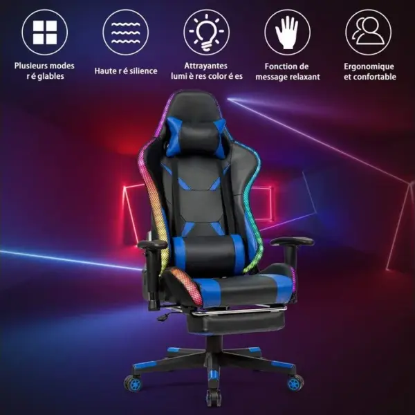 Chaise Gaming Rgb/led, Chaise Gamer Ergonomique Avec Soutien Lombaire, Appui-tête (bleu)