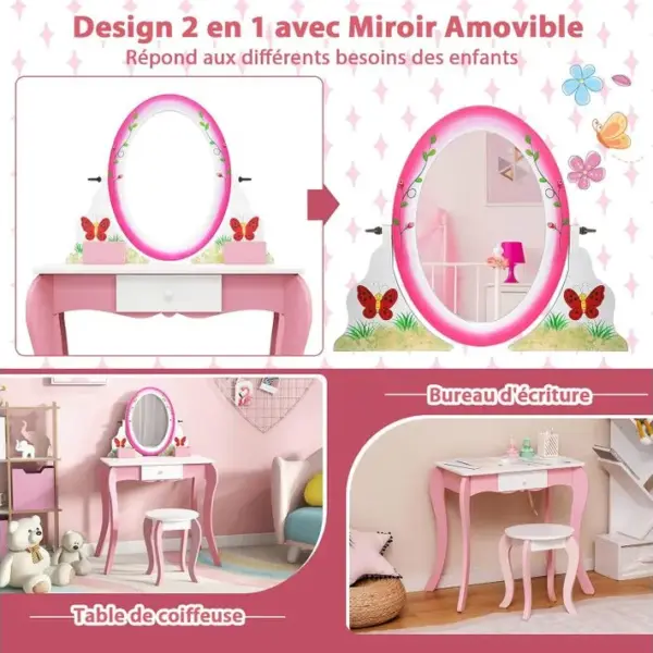 2 En 1 Coiffeuse Enfants Avec Tabouret Et Tiroir, Dispositif Anti-basculement,charge 70/50kg (rose)