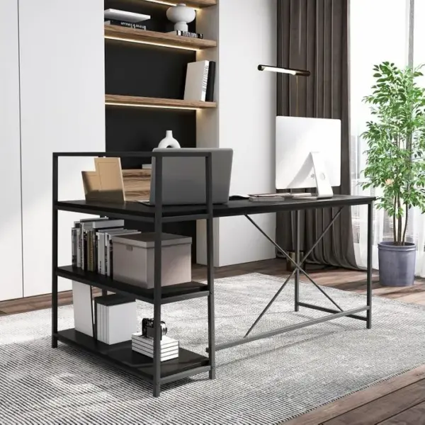 Bureau Dangle Réversible Avec Étagère Rangement,poste De Travail Pour Maison,148x100x90 Cm (noir)