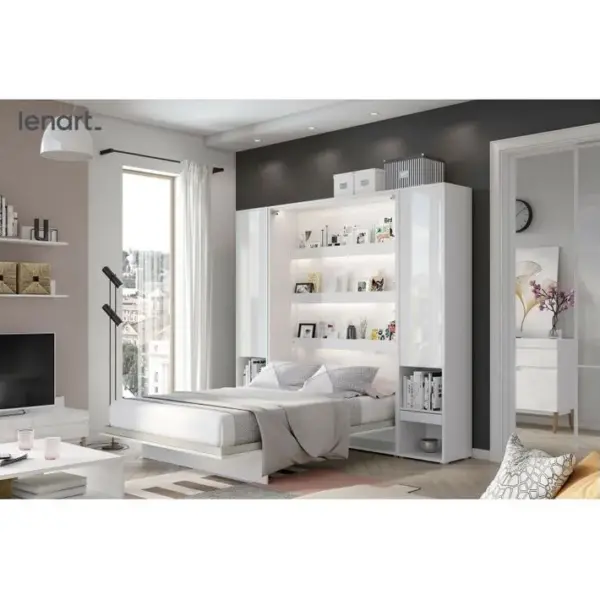 Armoire Lit Escamotable +2 Placards Tiroir Vertical 140x200 Blanc Brillant Tiroir Lit Muralconsus