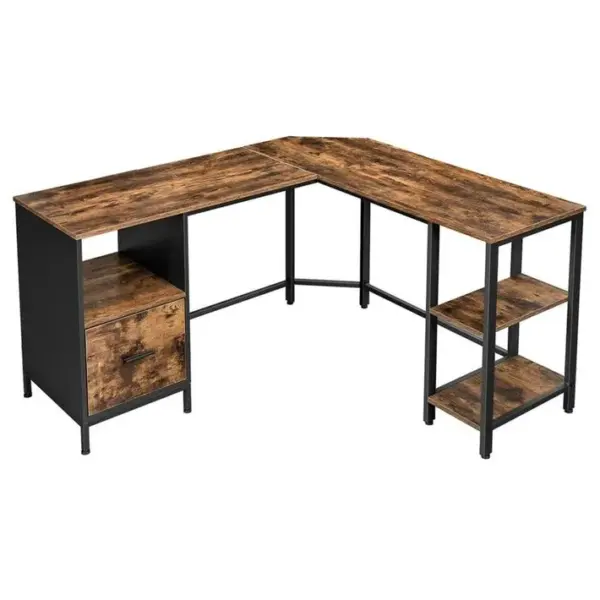 Bureau Dangle Table En Forme De L Avec Caisson à Dossiers Suspendus 2 Étagères