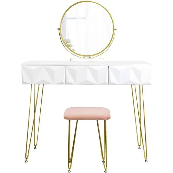 Coiffeuse Avec Tabouret Et Miroir Pivotant Moderne 100 Cm Rond Blanc Doré 19_0000184