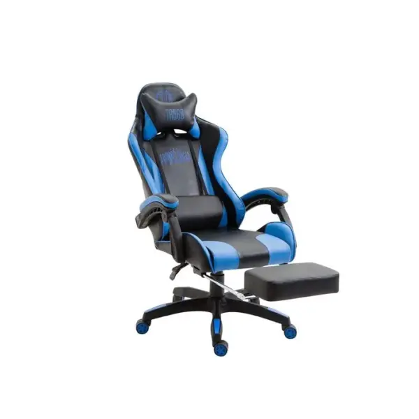 Fauteuil De Bureau Repose-pieds Télescopique Design Sportif Gamer En Pvc Noir / Bleu Et Plastique