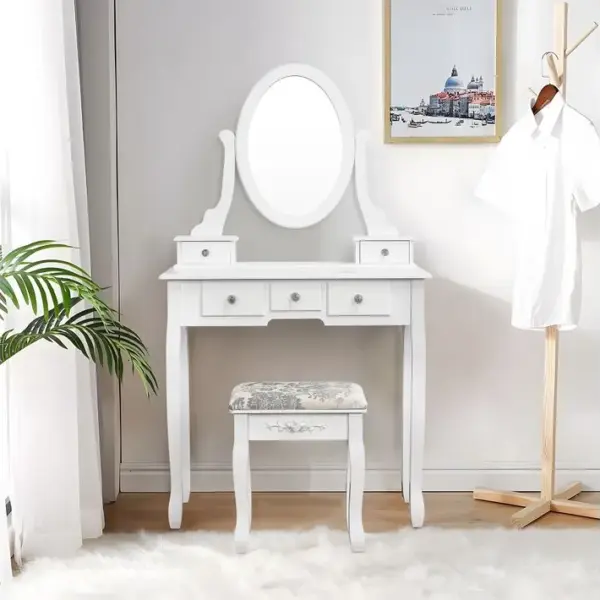 Coiffeuse - Miroir - 5 Tiroirs, Avec Tabouret - 79.5 X 40 X 140 Cm - Style Moderne - Blanc