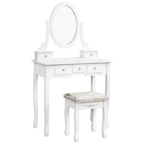 Coiffeuse - Miroir - 5 Tiroirs, Avec Tabouret - 79.5 X 40 X 140 Cm - Style Moderne - Blanc