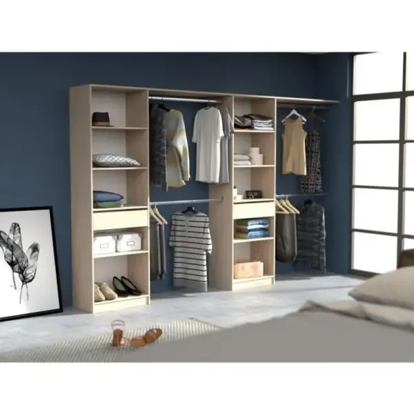 Dressing Extensible - 2 Colonnes Avec 2 Tiroirs Et 10 Étageres + 4 Penderies - Décor Chêne - Duo