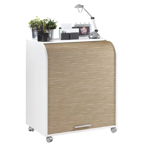 Bureau Informatique Blanc à Roulettes 5 Niches L 79.2 H 93.8 P 53.2 Cm - Coloris: Chêne Naturel