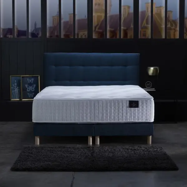 Ensemble Helios Tête De Lit Matelas Ressorts Ensaches Memoire De Forme Latex Bleu Marine 160x200cm