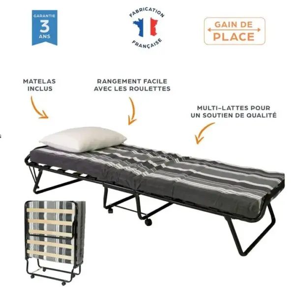 Lit Pliant M8 - 80x190 - Tissu Déco - Lattes Bois - Gain De Place