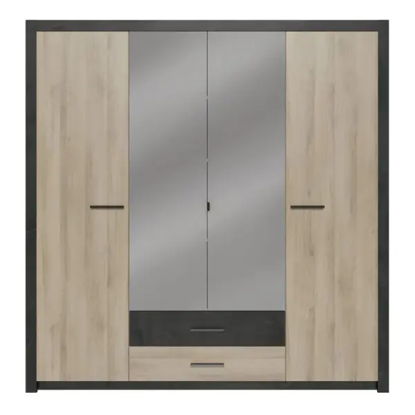 Armoire 4 portes avec miroir COLO lingère et penderie imitation chêne et noir