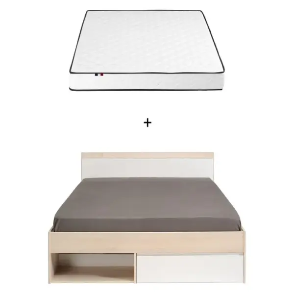 Ensemble LIT PUZZLE imitation acacia et blanc + Matelas ADEONA 140X190/200CM