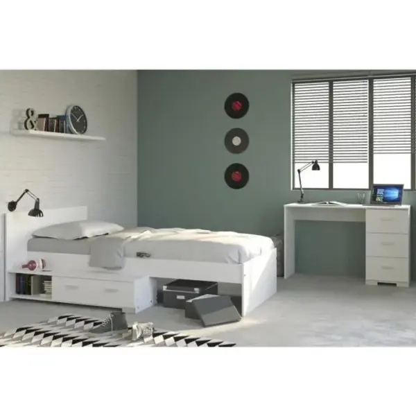 Chambre Enfant Complete 2 Pieces - Lit + Bureau - Style Essentiel - Décor Blanc - Cosmos