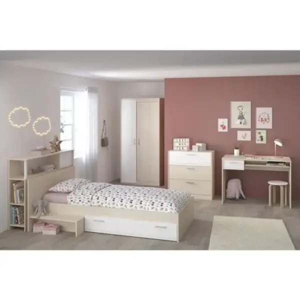 Chambre Enfant Complète - Tête De Lit + Lit + Commode + Armoire + Bureau - Acacia Clair Et Blanc