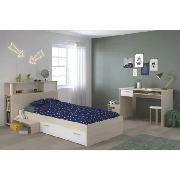 Chambre Enfant Complète Tête De Lit + Lit + Bureau - Décor Acacia Clair Et Blanc - Charlemagne