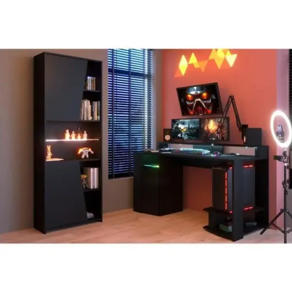 Ensemble Bureau Gamer + Bibliothèque 2 Portes - Décor Noir