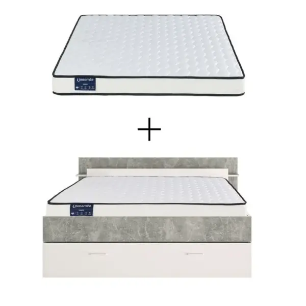 Lit TONIGH blanc et béton + Matelas ADEONA 140x190 cm