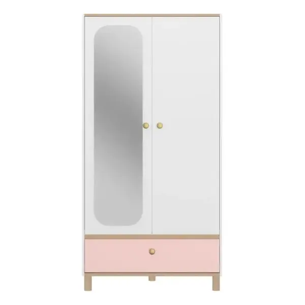 Armoire 2 portes 1 tiroir ROMY imitation chêne, rose et blanc