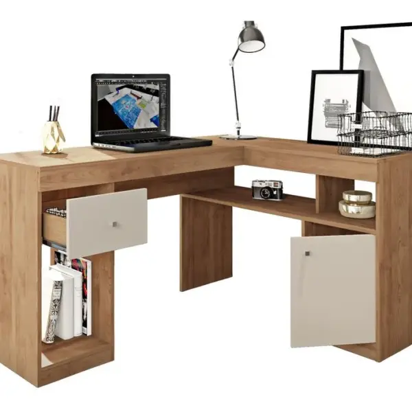 Bureau Dangle Imitation Chêne Avec Caisson Et Rangements