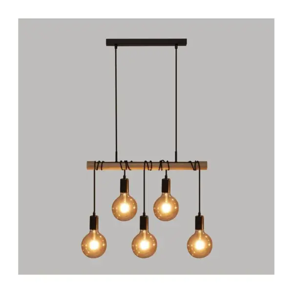 Luminaire Suspension 5 Lampes En Métal Noir Et Bois De Pin L 60 Cm