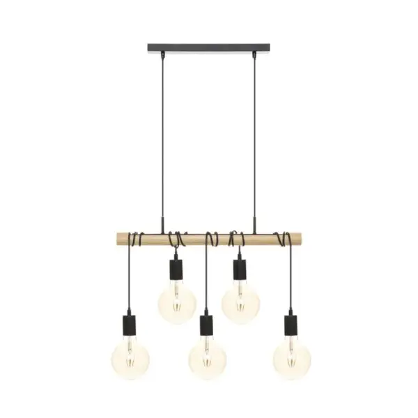 Luminaire Suspension 5 Lampes En Métal Noir Et Bois De Pin L 60 Cm