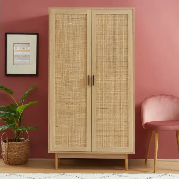 Armoire Amana Effet Chêne Et Cannage Rotin 2 Portes