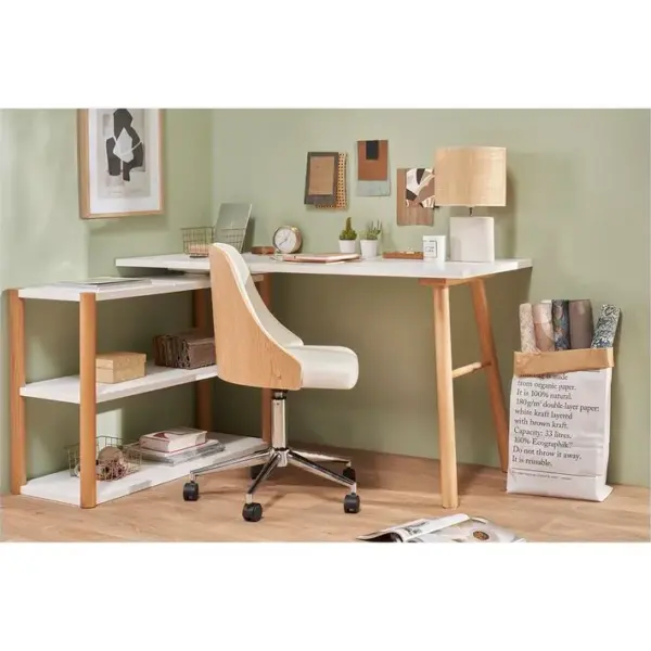 Bureau Modulable Scandinave Blanc Et Bois Chêne Massif L140-203 Cm Gilda