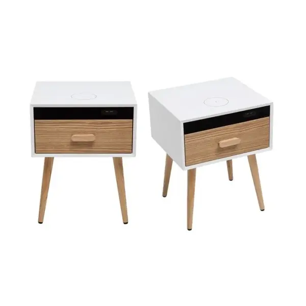 Tables De Chevet Connectées Multimédia Blanc Mat Et Bois Clair Massif L40 (lot De 2) Pavan