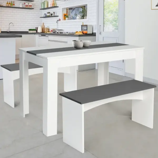 Ensemble Table à Manger Et 2 Bancs Rozy 4 Personnes Blanc Et Gris 110 Cm