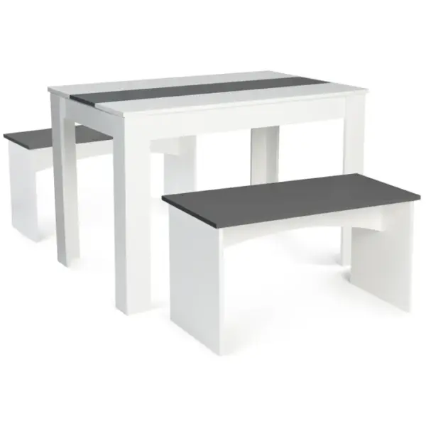 Ensemble Table à Manger Et 2 Bancs Rozy 4 Personnes Blanc Et Gris 110 Cm