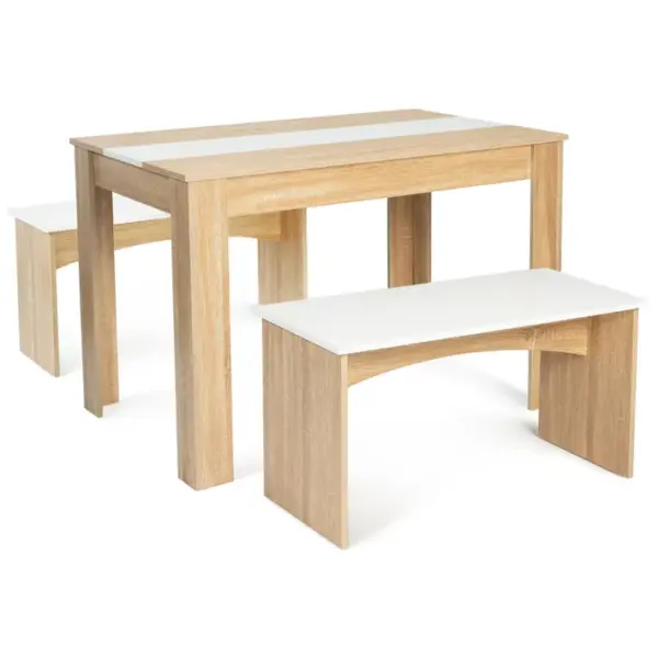 Ensemble Table à Manger Et 2 Bancs Rozy 4 Personnes Façon Hêtre Et Blanc 110 Cm