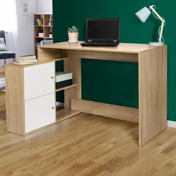 Bureau Dangle En Forme De L Bob Avec Portes Façon Hêtre Et Blanc