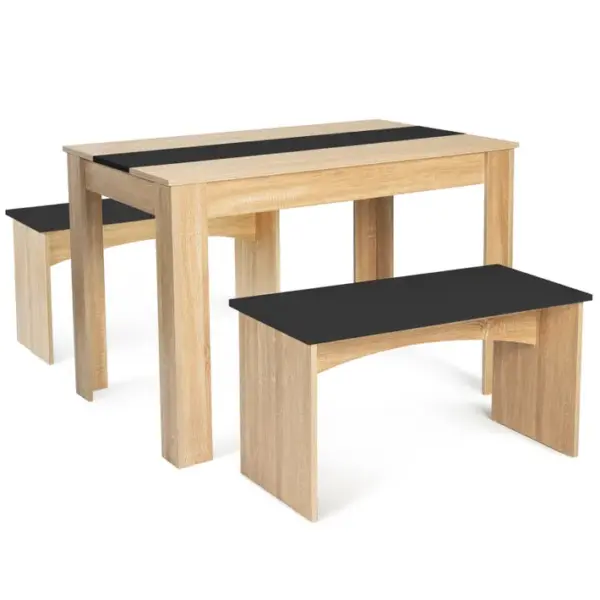 Ensemble Table à Manger Et 2 Bancs Rozy 4 Personnes Façon Hêtre Et Noir 110 Cm