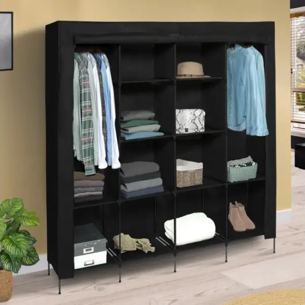 Grande Armoire De Rangement Penderie Pliable Vêtements En Tissu Noir Dressing Double XXL