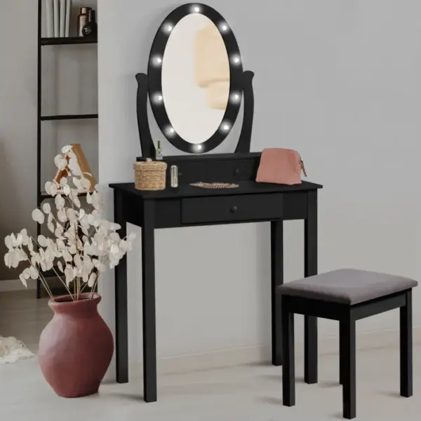 Coiffeuse Bella Bois Noir Avec Miroir LED Et Tabouret