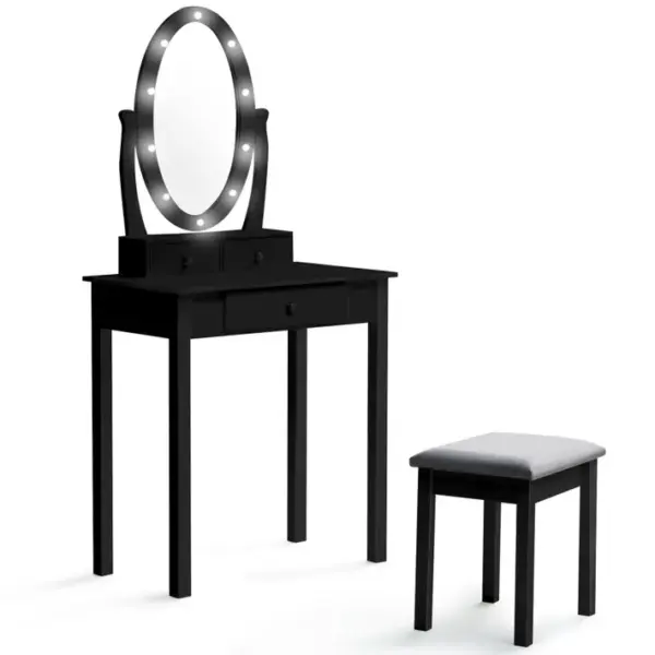 Coiffeuse Bella Bois Noir Avec Miroir LED Et Tabouret