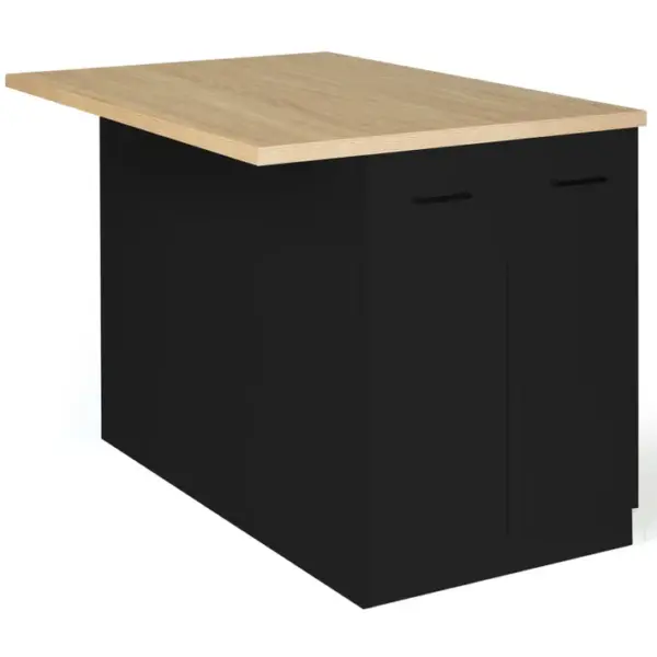 Ilot Central Ivo 120 Cm Bois Noir Avec Plan De Travail Façon Hêtre