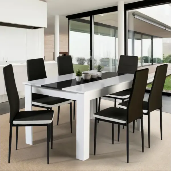 Ensemble Table à Manger Georgia 140 Cm Blanche Et Noire Et 6 Chaises Romane Noires Liseré Blanc