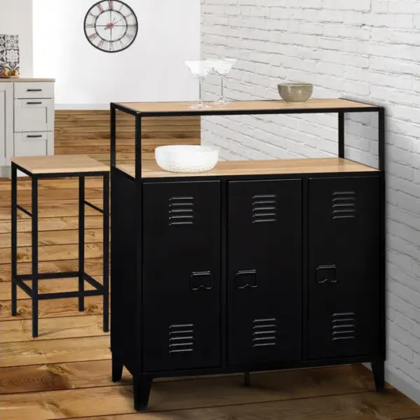 Meuble De Bar Buffet Ester 3 Portes Métal Noir Et Plateau Bois Façon Hêtre