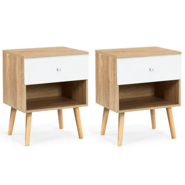 Lot De 2 Tables De Chevet Emmie Scandinaves 1 Tiroir Avec Niche Hêtre Et Blanc